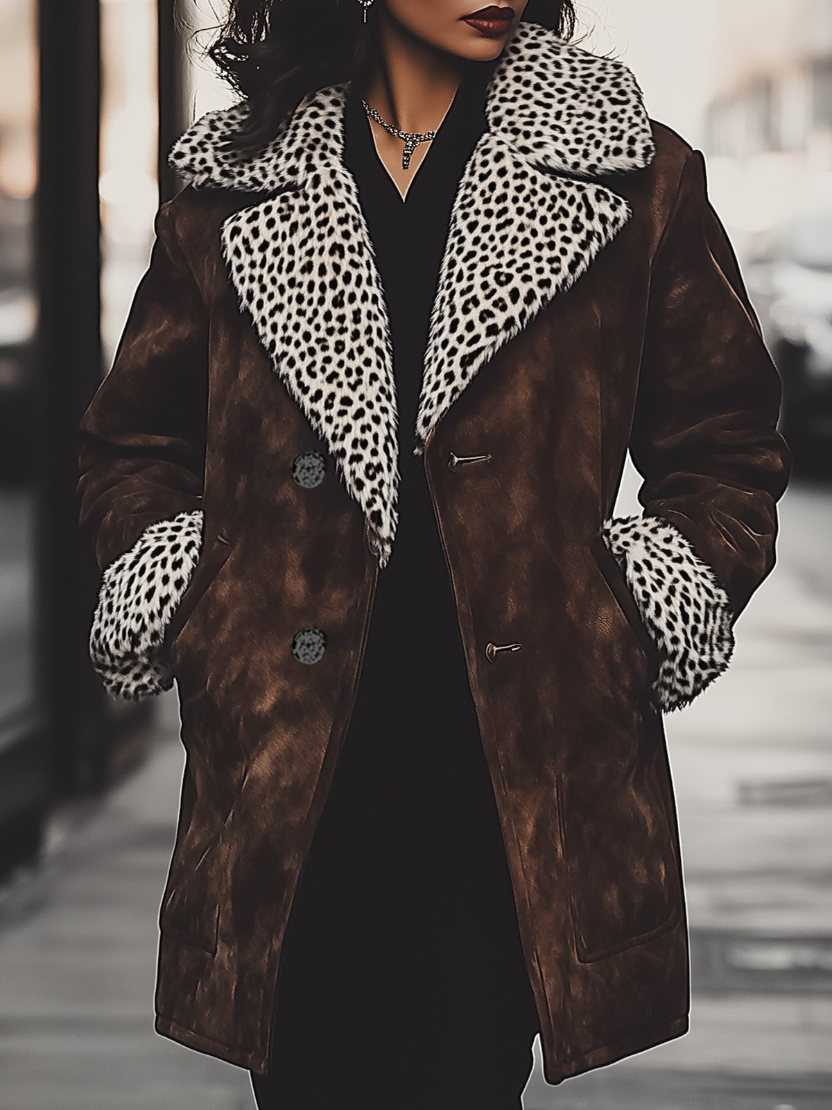 Leopard Print Fur Lined Collar Warm Fashionable Coat