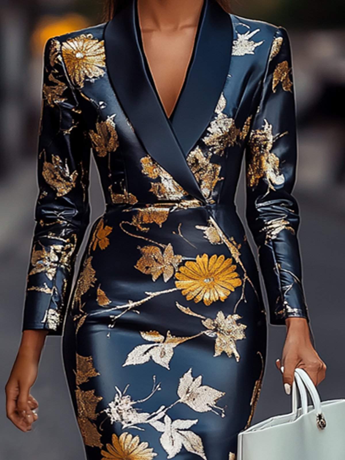 Waist Cinching Floral Print Long Sleeve Dress