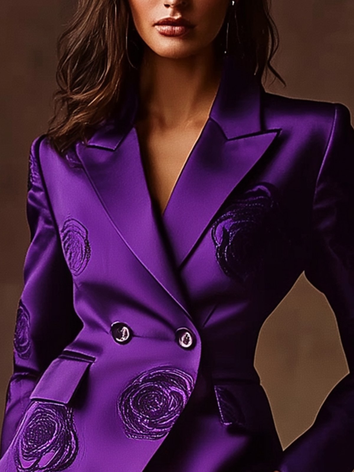 Purple Satin Black Floral Print Blazer