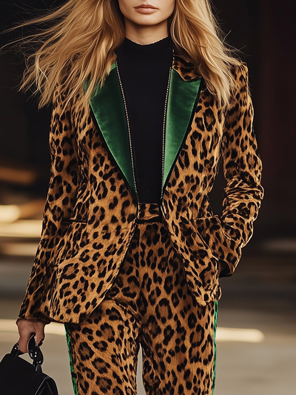 Colorblock Velvet Leopard Print Blazer  And Pants Suit