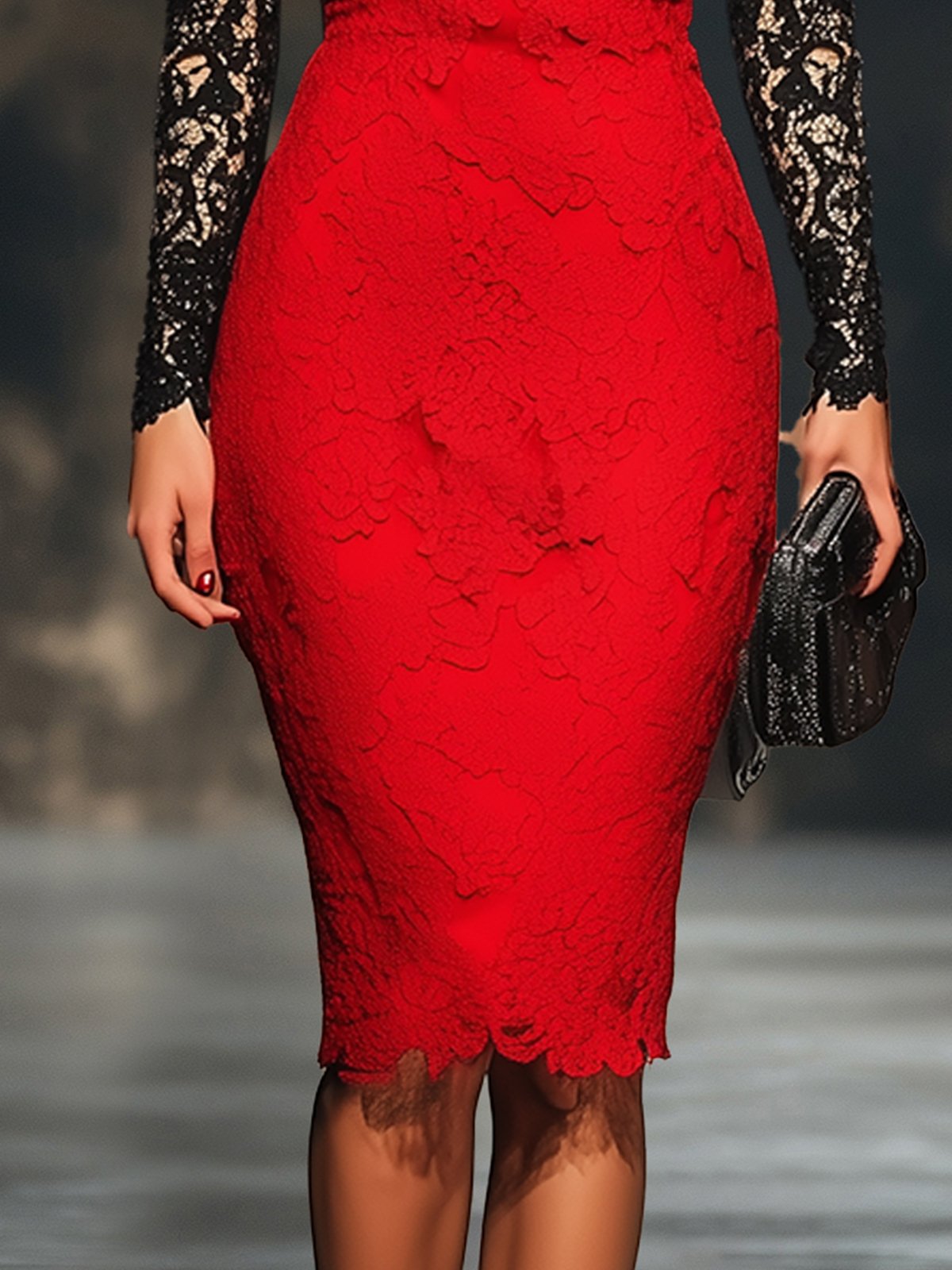 Red Lace Dress With Black Lace Neckline And Sleeves