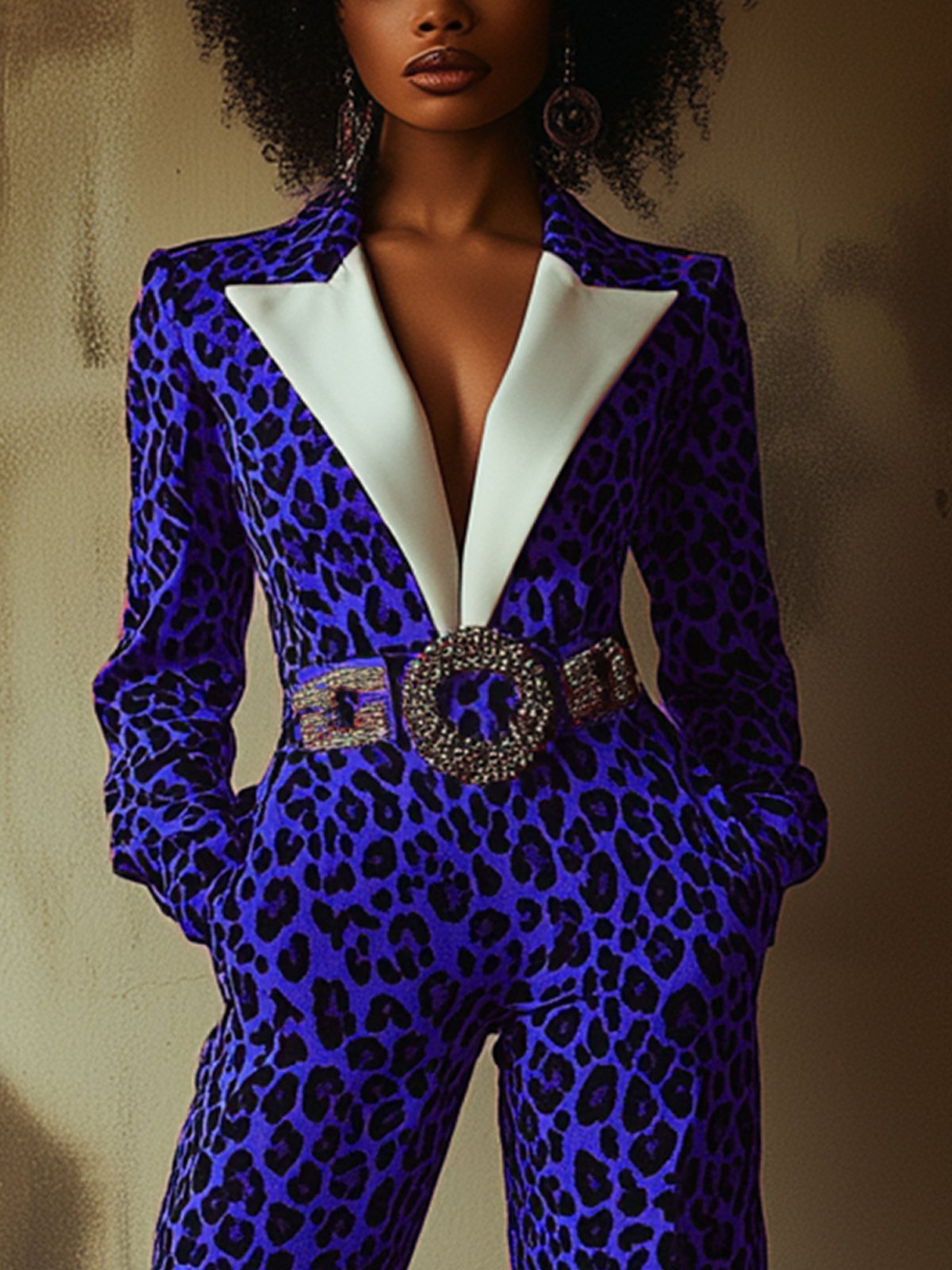 Royal Blue Leopard Print Jumpsuit With Belt