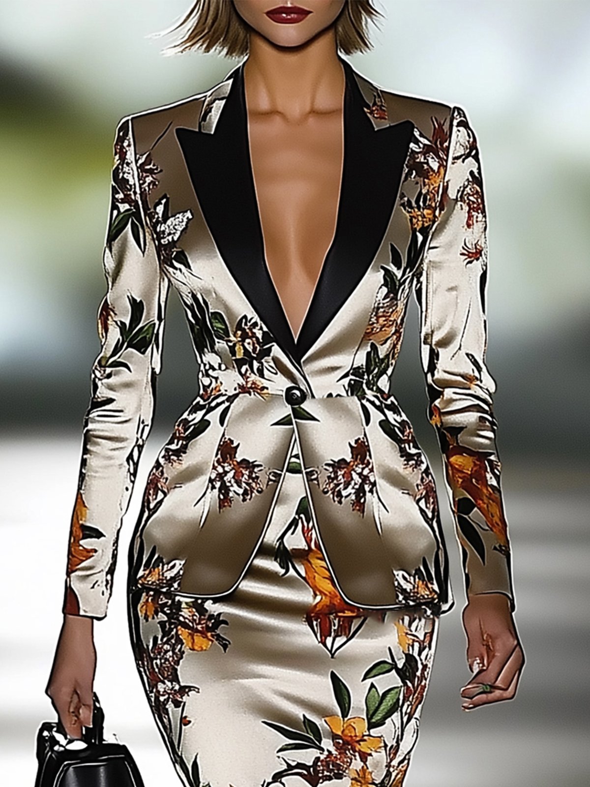 Floral Print White Satin Lapel Blazer