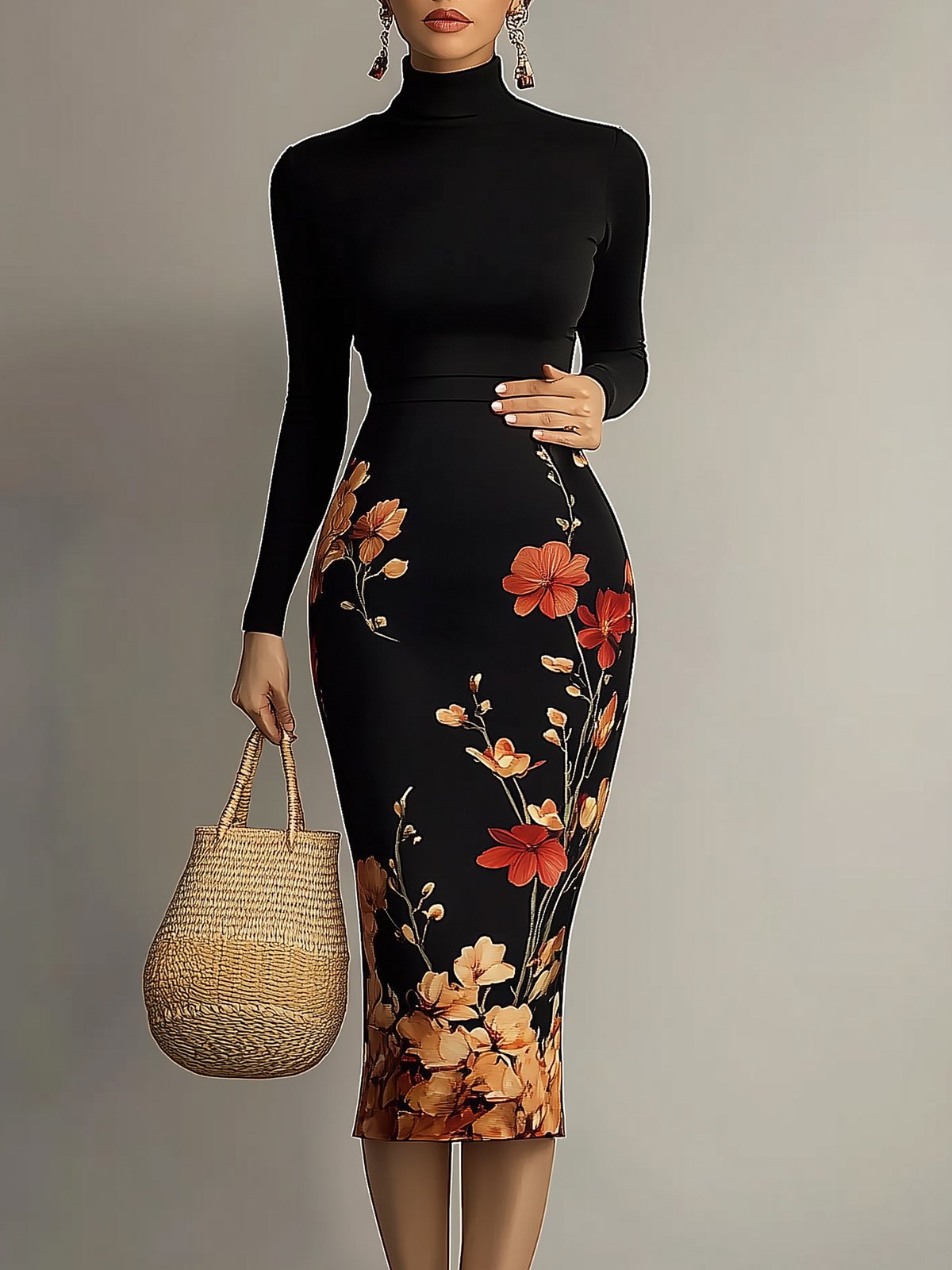 High Neck Floral-Print Dress