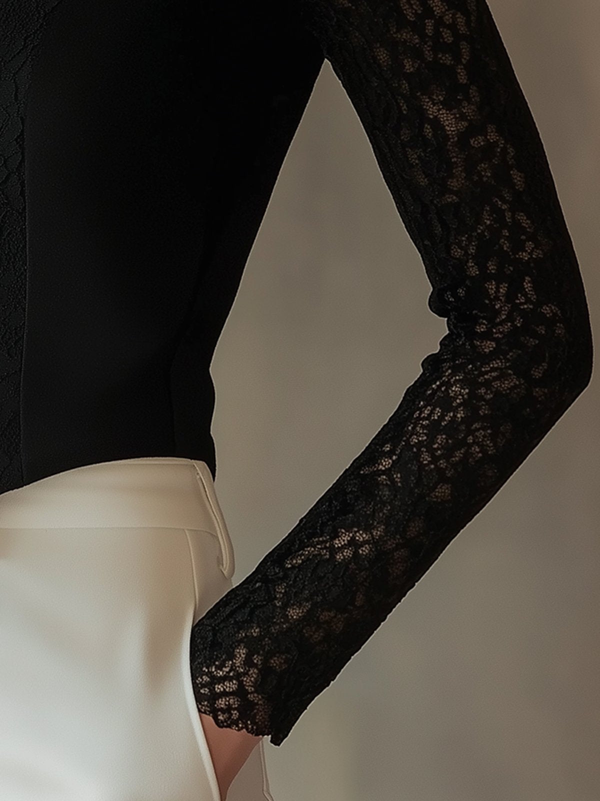 Elegant High-Neck Lace Panel Black Blouse With Gold Button Details