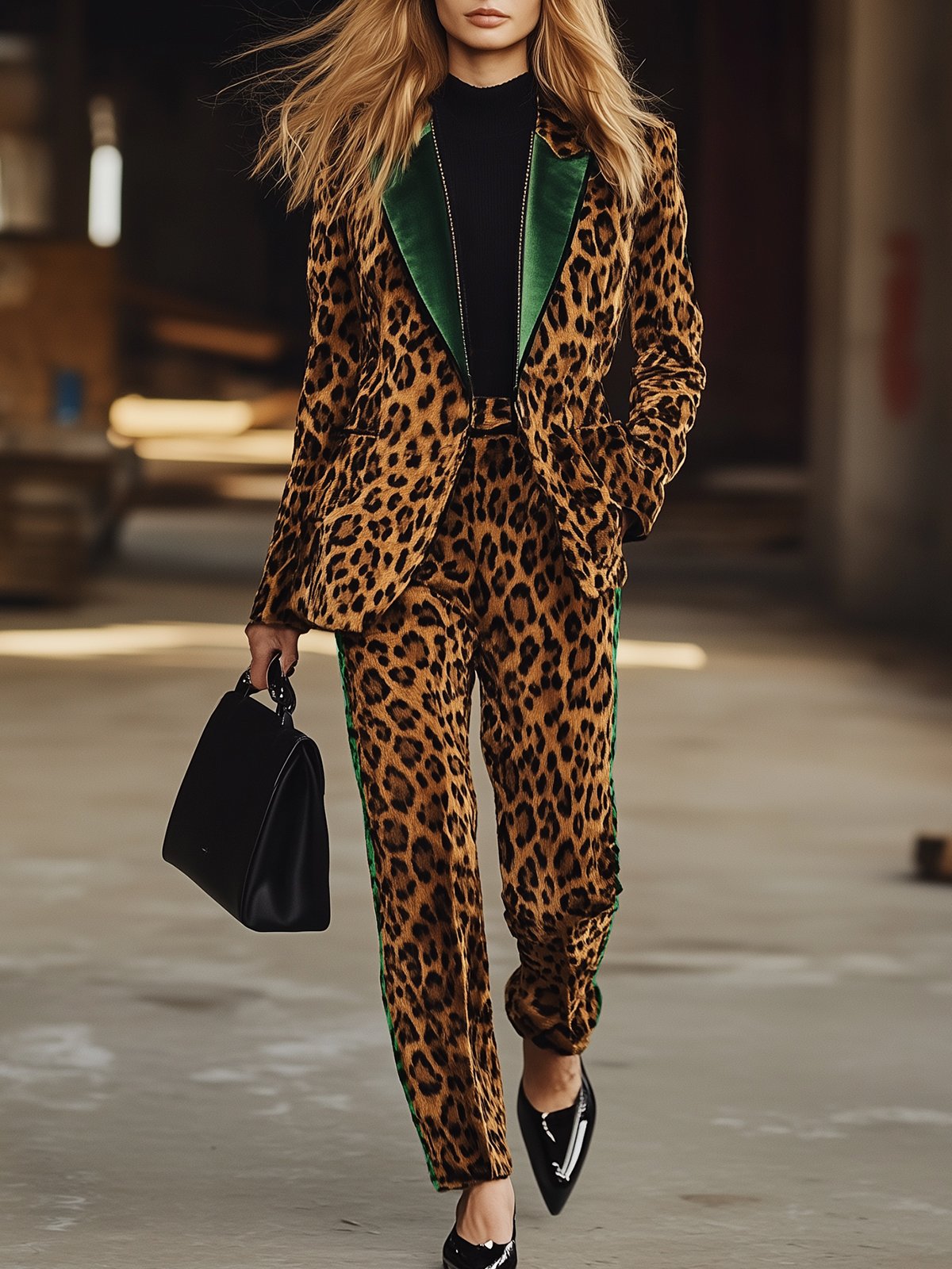 Colorblock Velvet Leopard Print Blazer  And Pants Suit