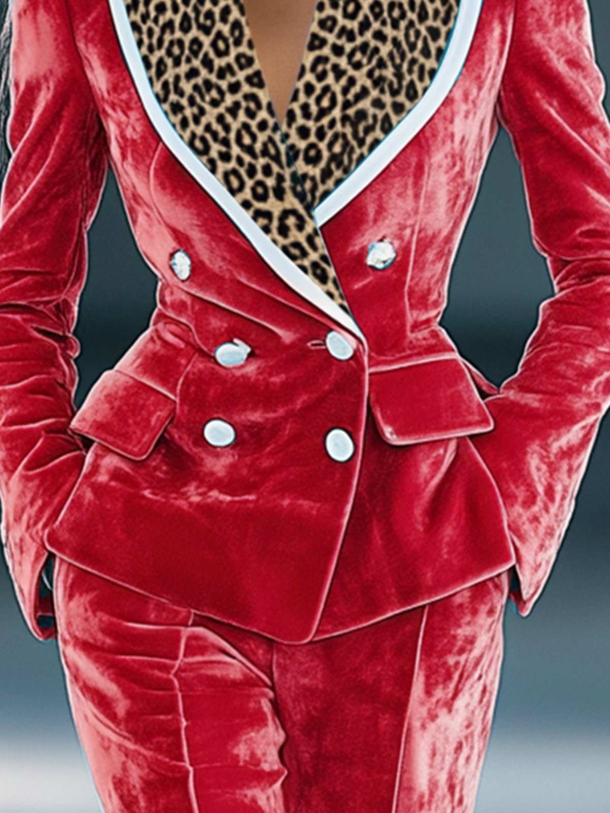 Red Velvet Blazer With Leopard Print Collar