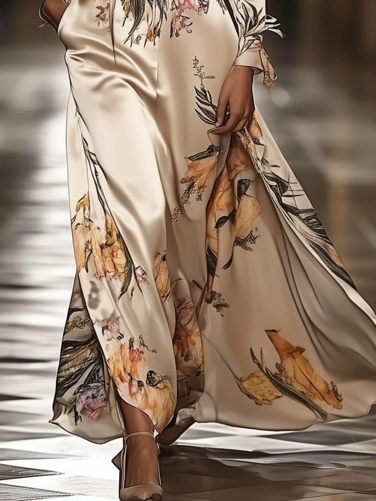 Premium Floral Print V Neck Satin Maxi Dress