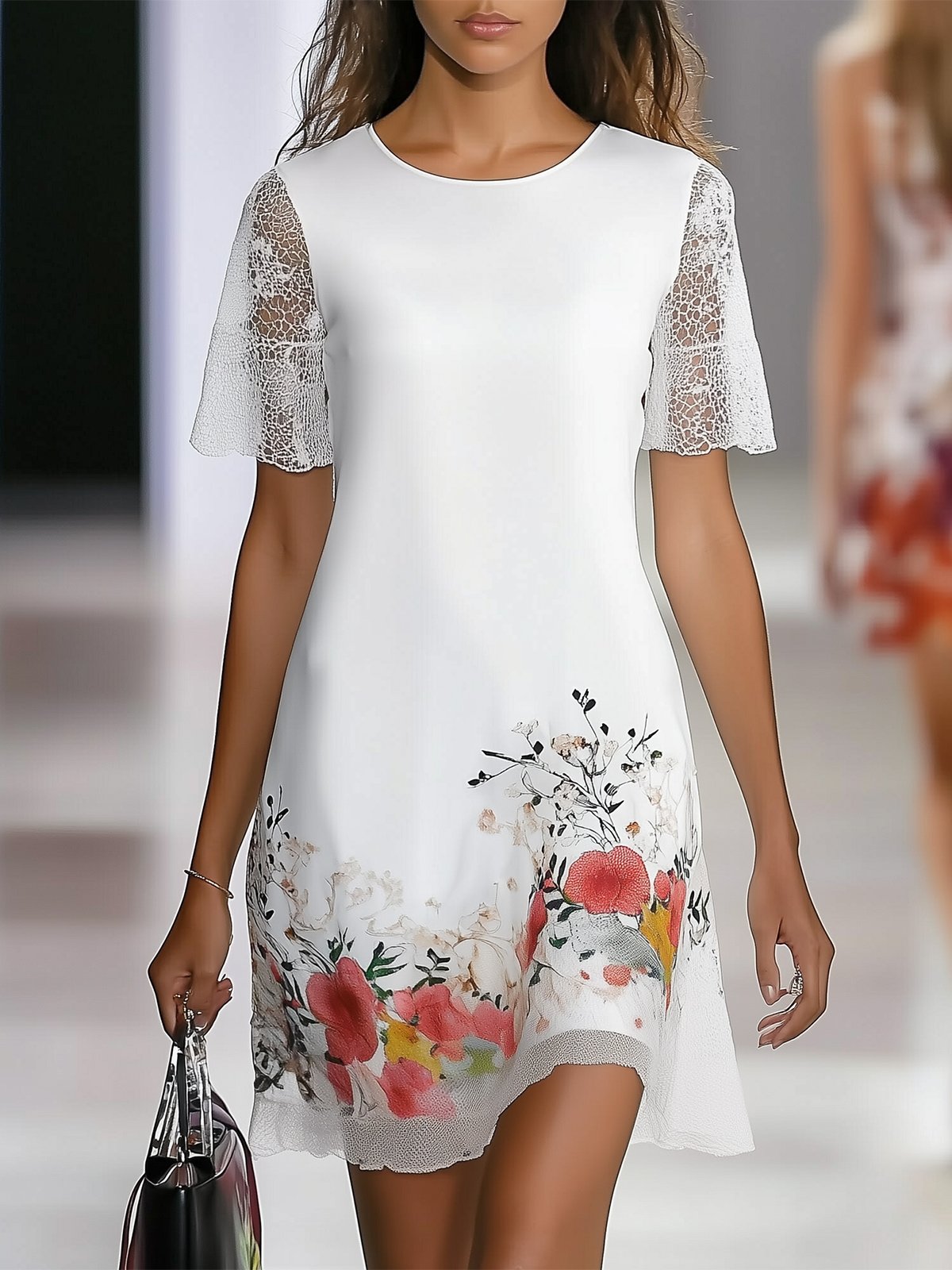 Floral Chiffon Dress With Mesh Sleeves And Hem