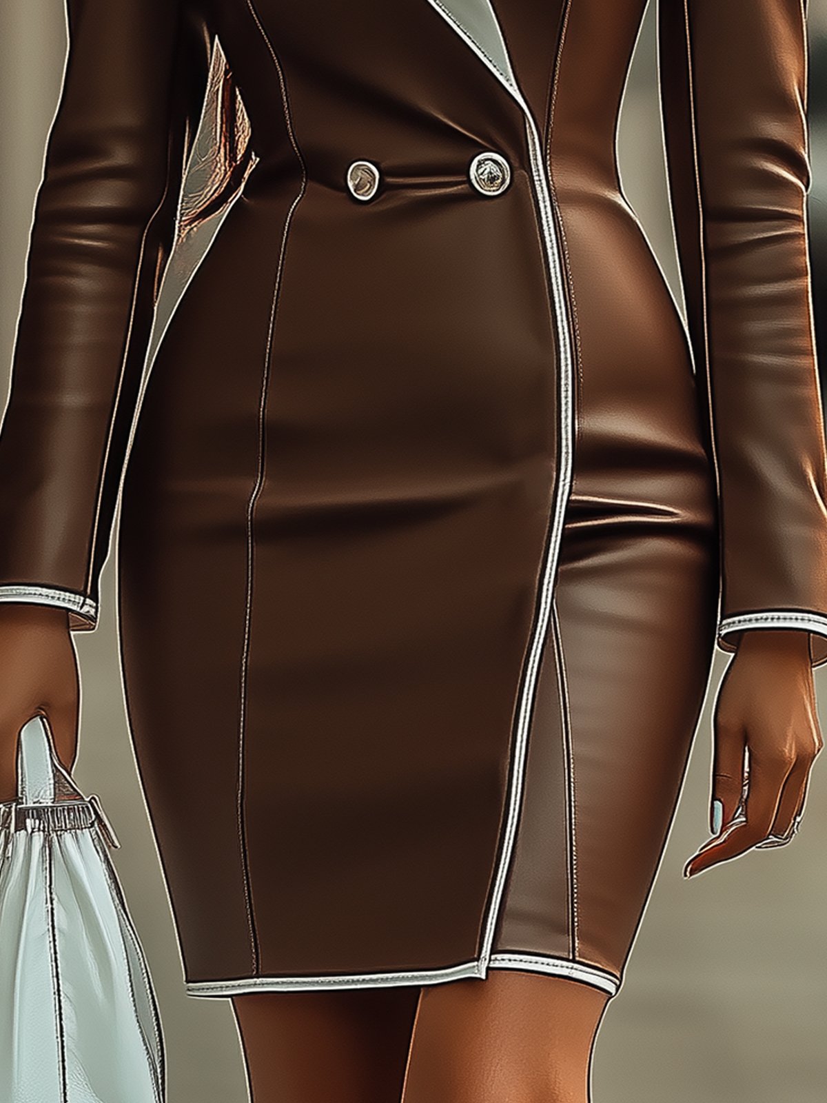 Fashionable Brown And White Lapel Dress.