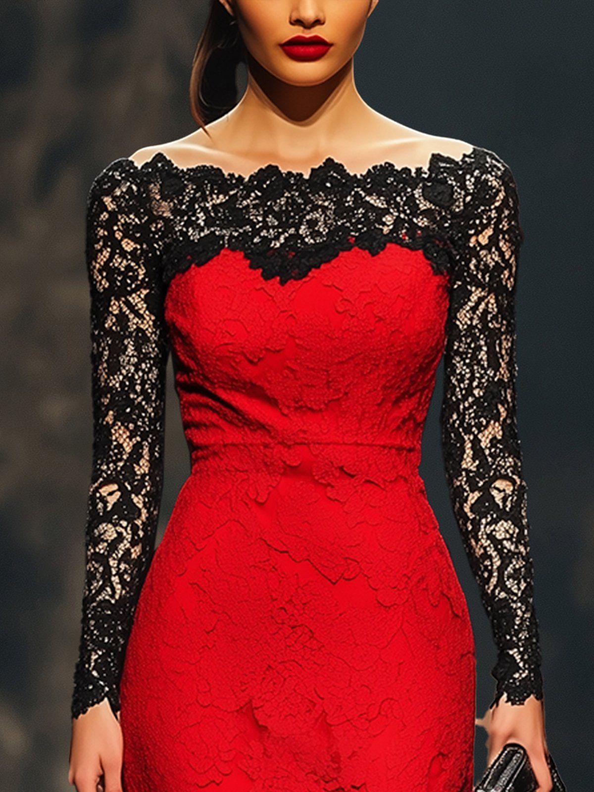 Red Lace Dress With Black Lace Neckline And Sleeves