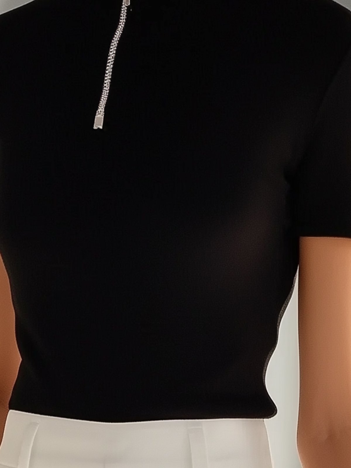 Black High-Stretch Turtleneck Short-Sleeve T-Shirt With Zipper Detail