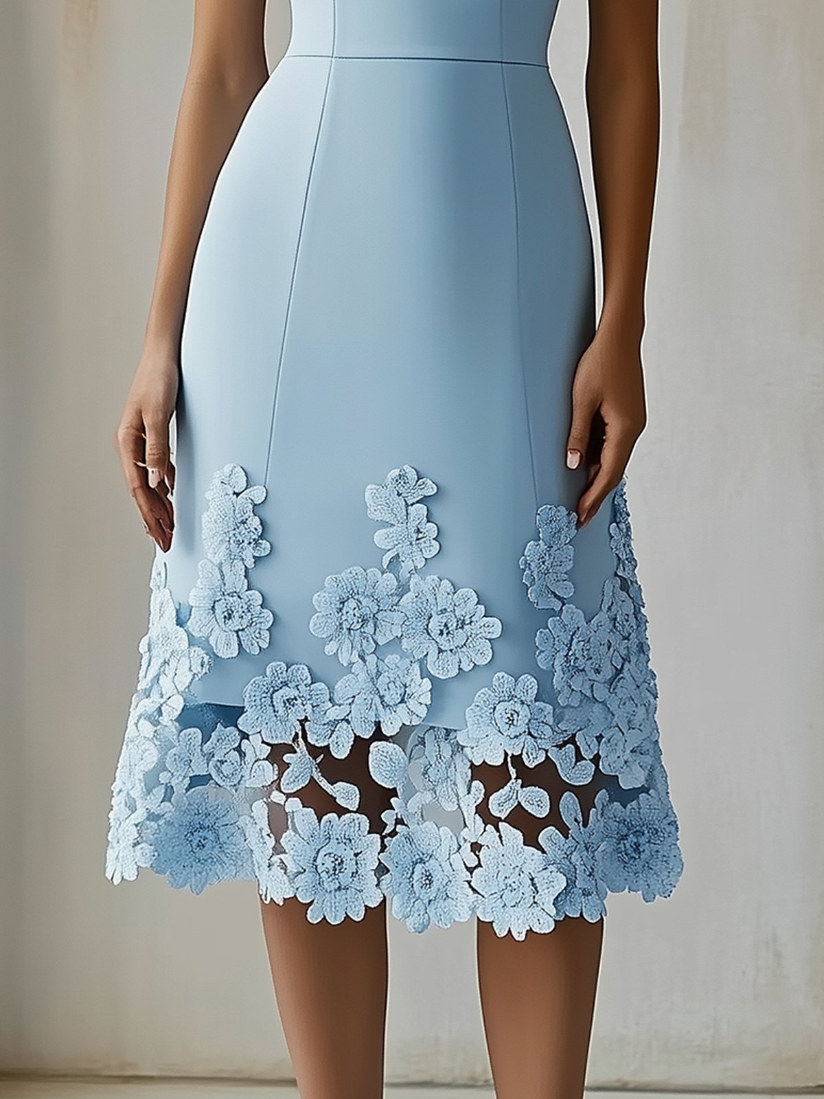 Sky Blue Floral Lace Hem Midi Dress