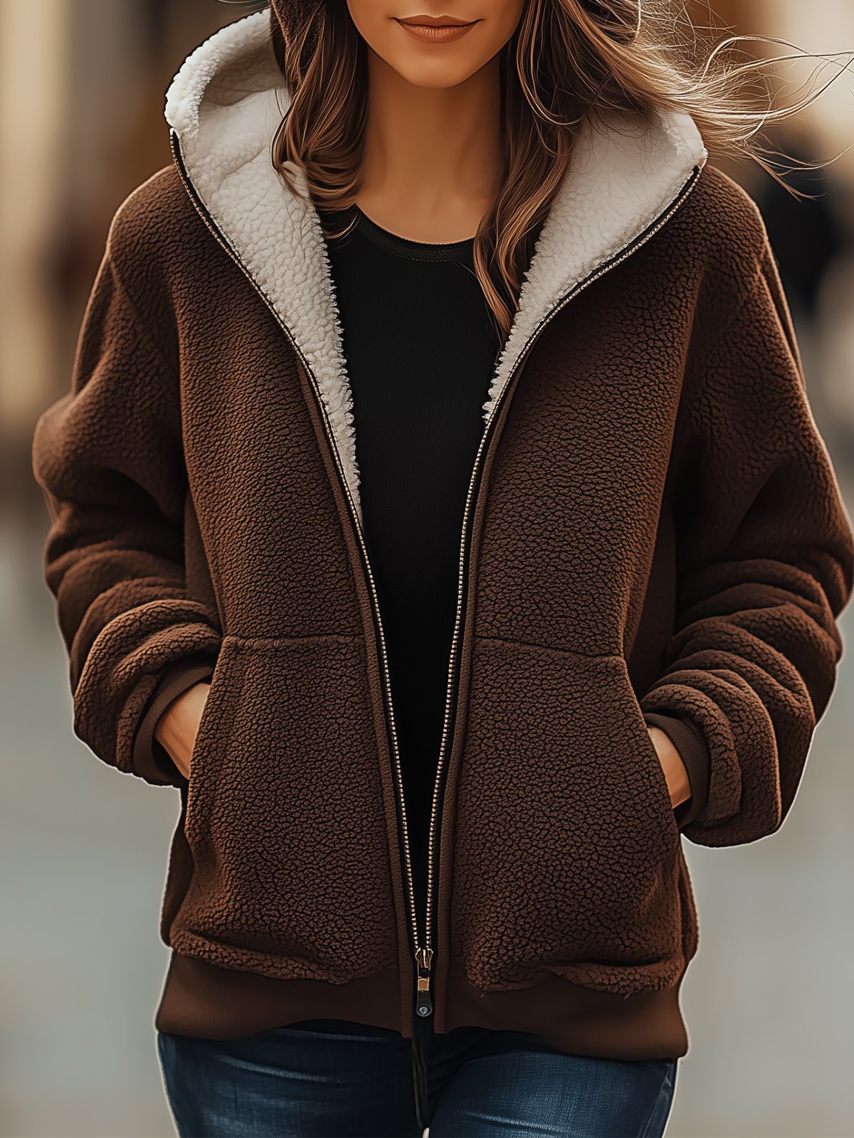 Brown Hooded Coat with Pockets