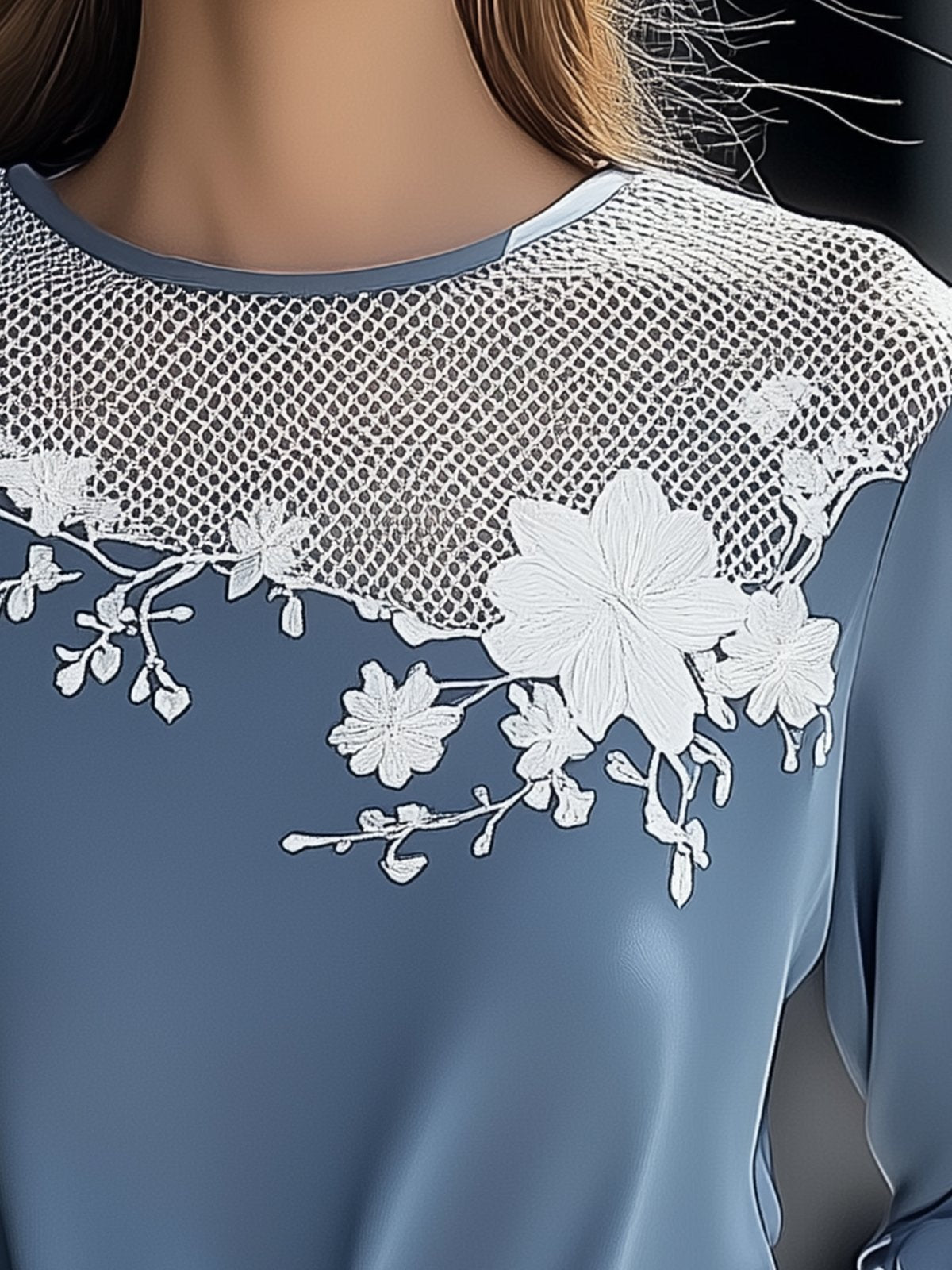 Light Blue Chiffon Embroidered Top With Mesh Neckline