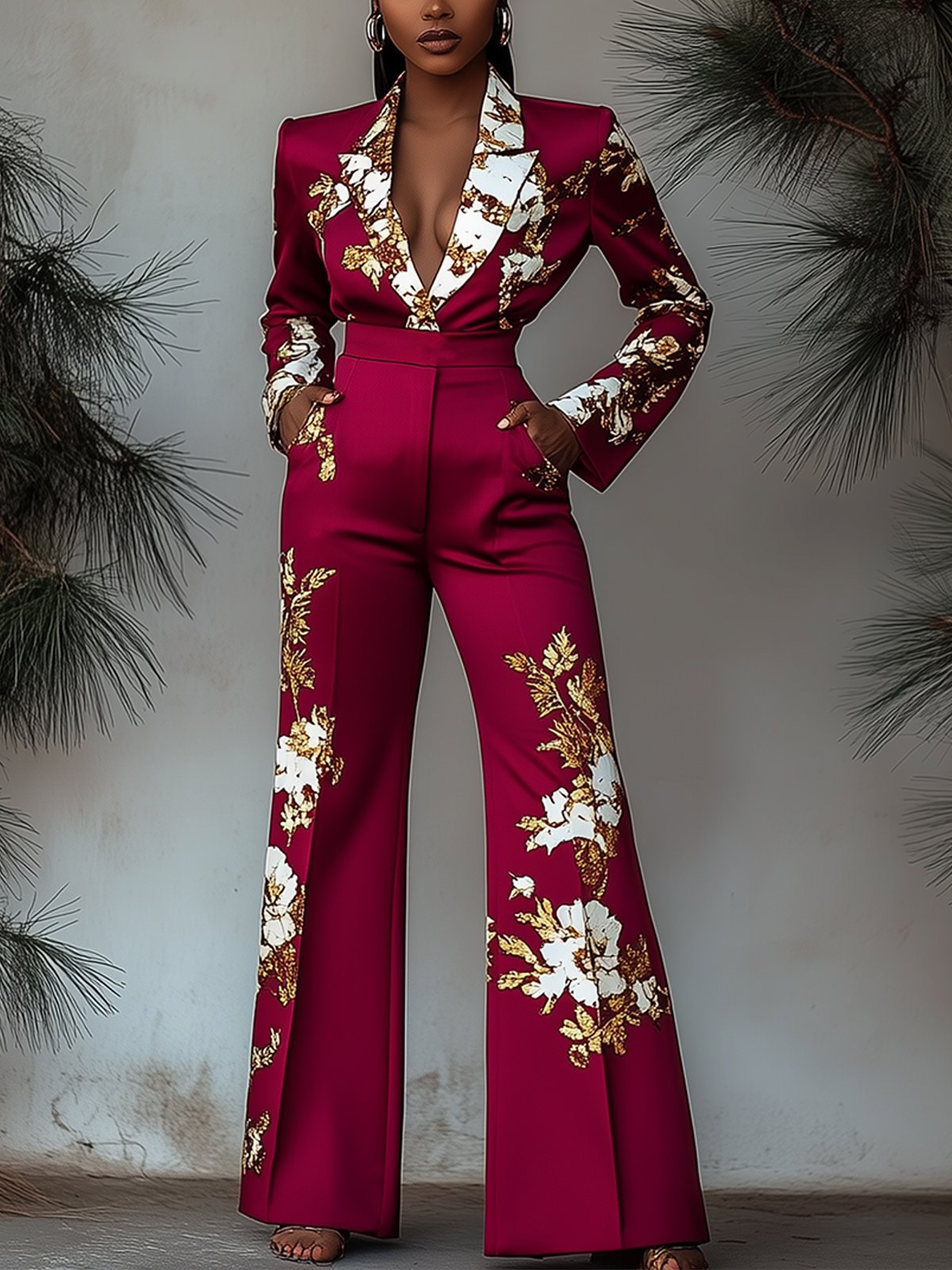 Charming Burgundy Lapel Jumpsuit With Gold Floral Print