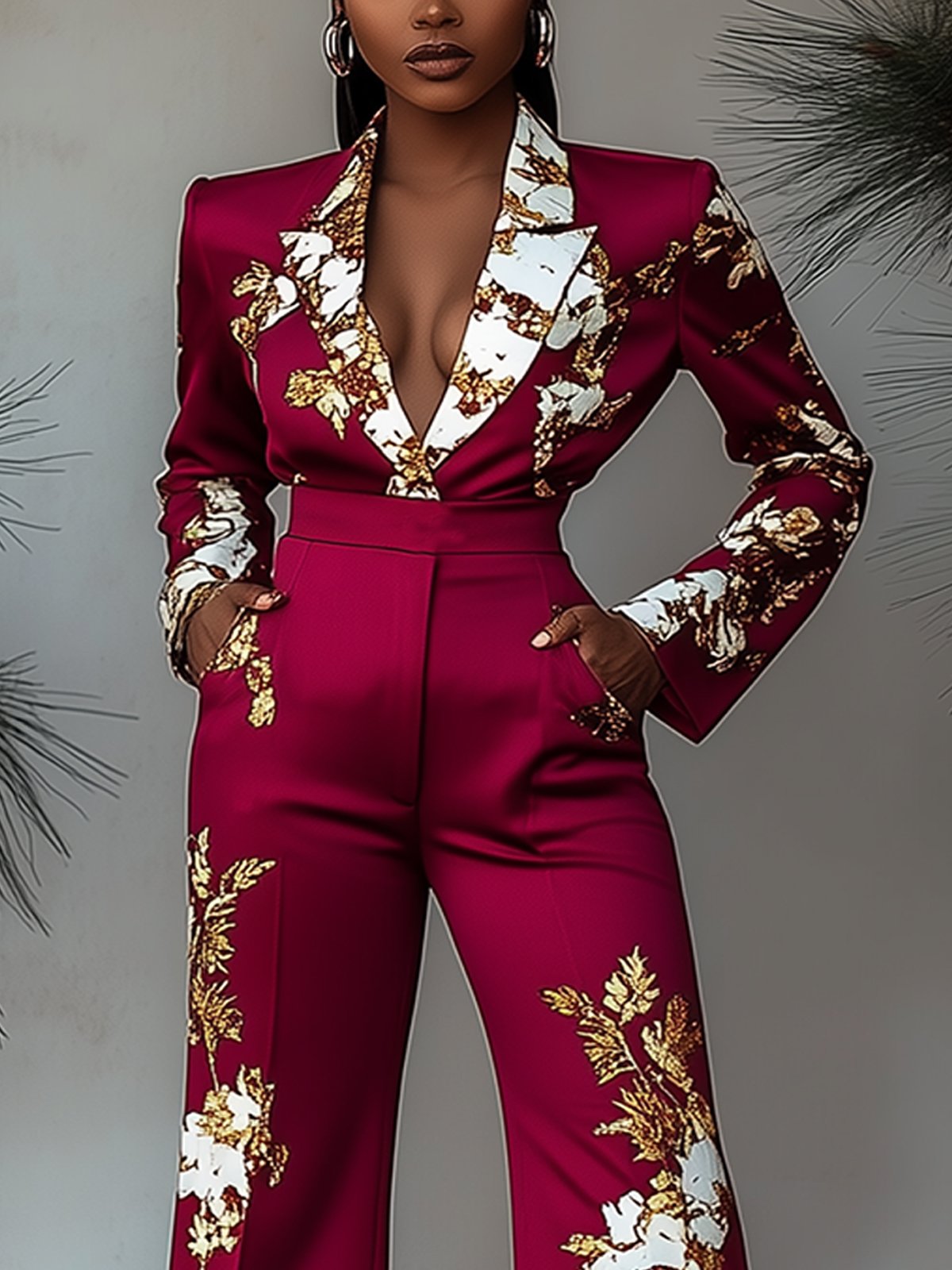 Charming Burgundy Lapel Jumpsuit With Gold Floral Print