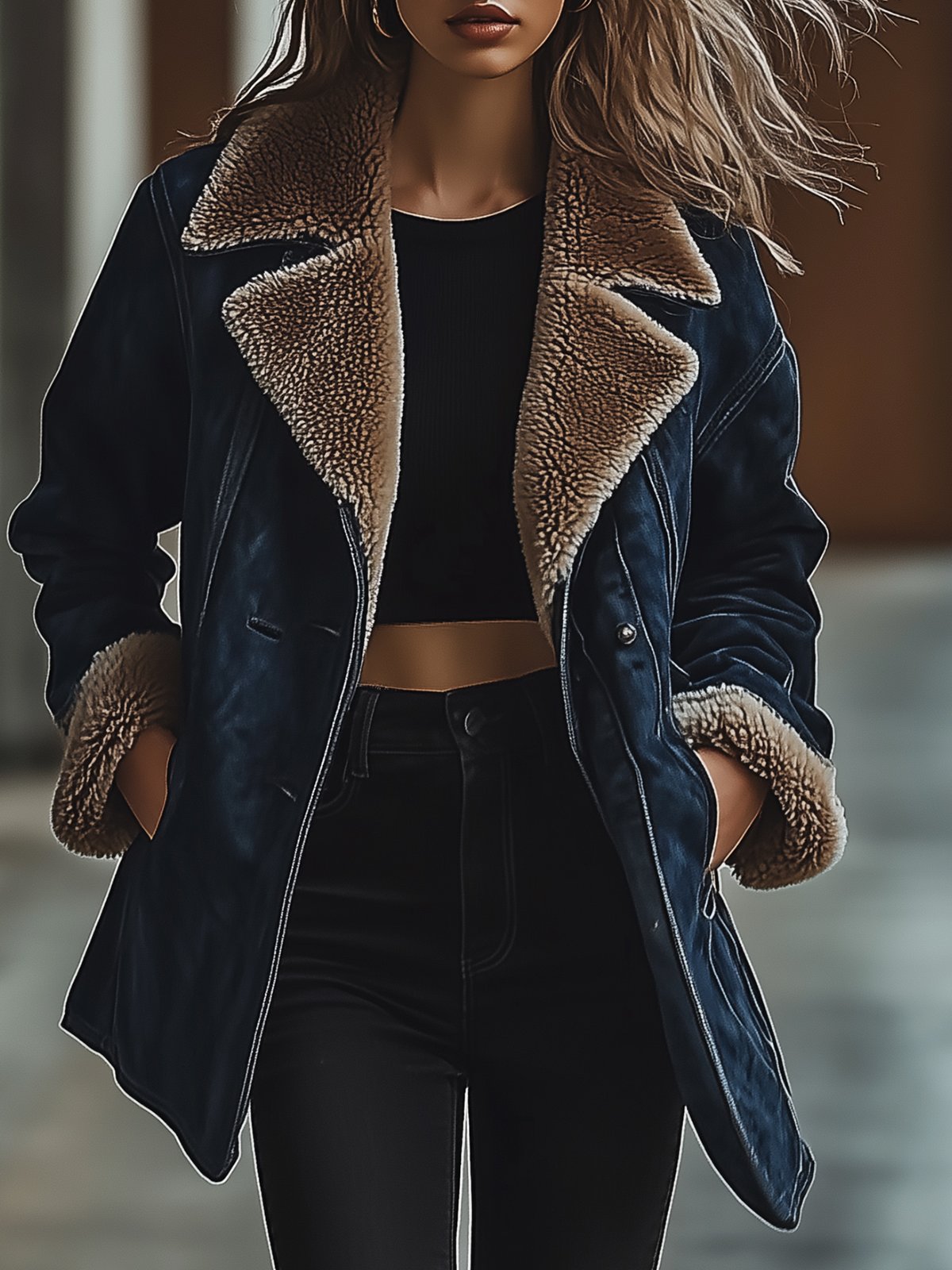 Blue Suede Coat With Sherpa Fur Collar