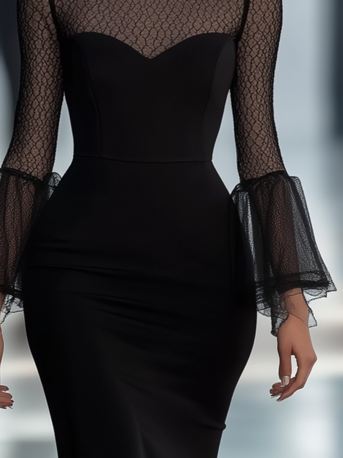 Black Bodycon Dress With Mesh Neckline And Flared Sleeves