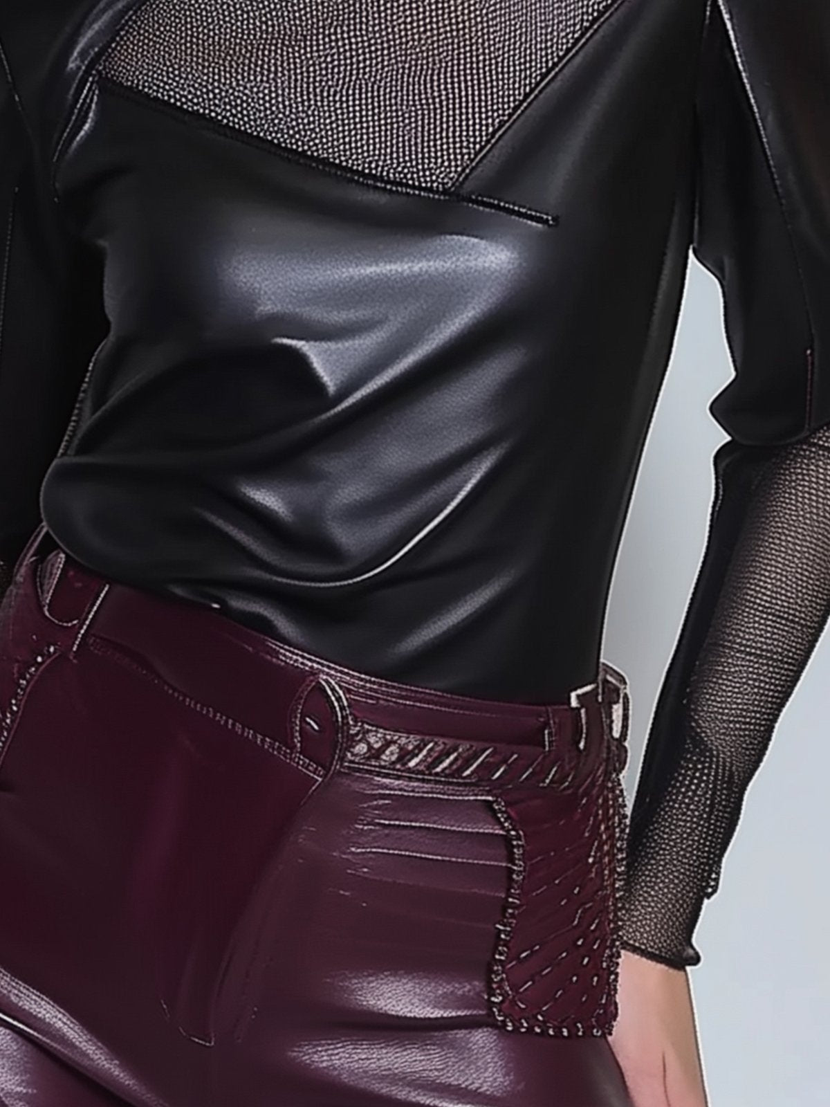 Black Faux Leather Mesh Collar And Sleeve Top