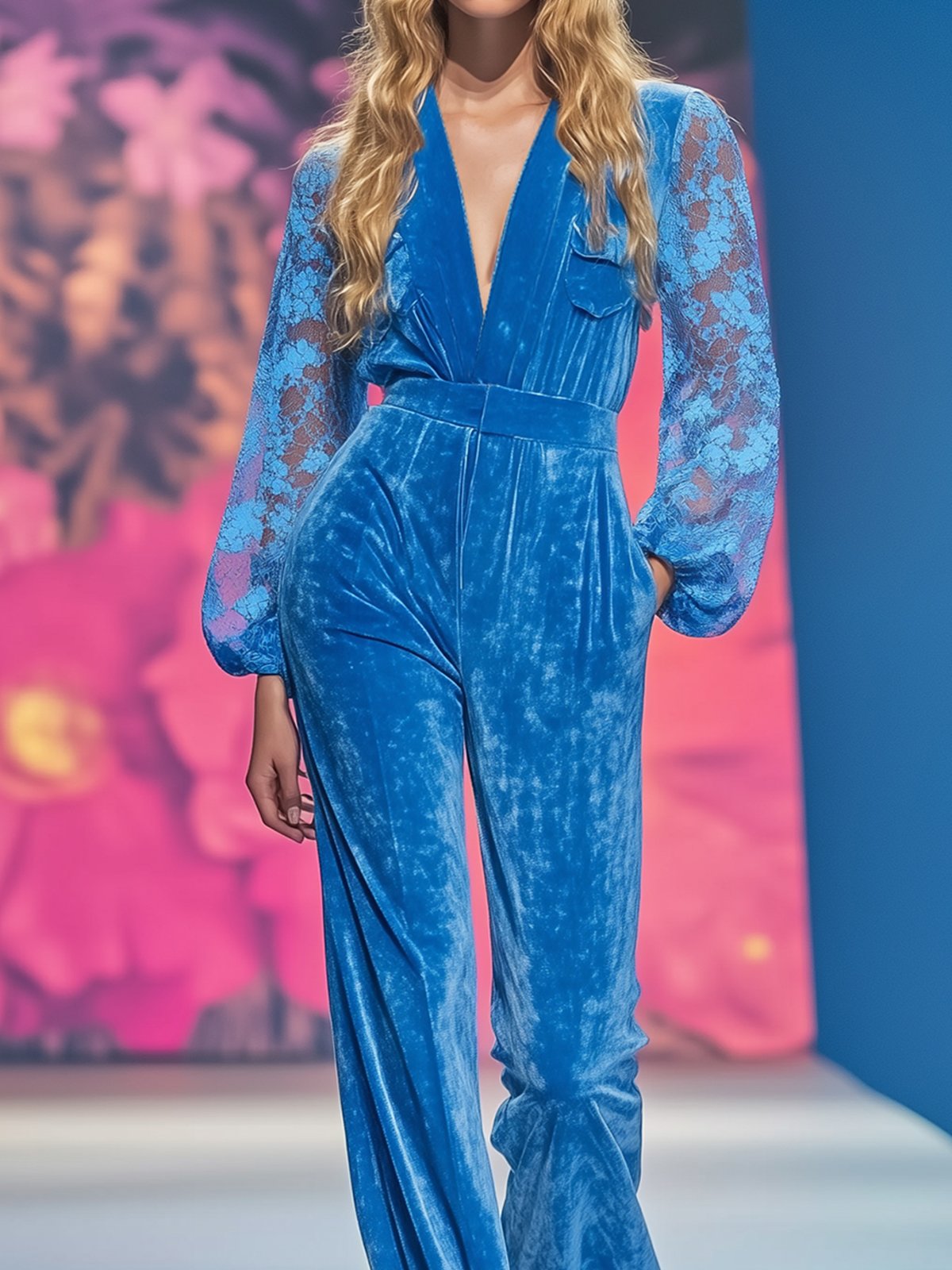 Blue Velvet Jumpsuit With Lace Sleeves