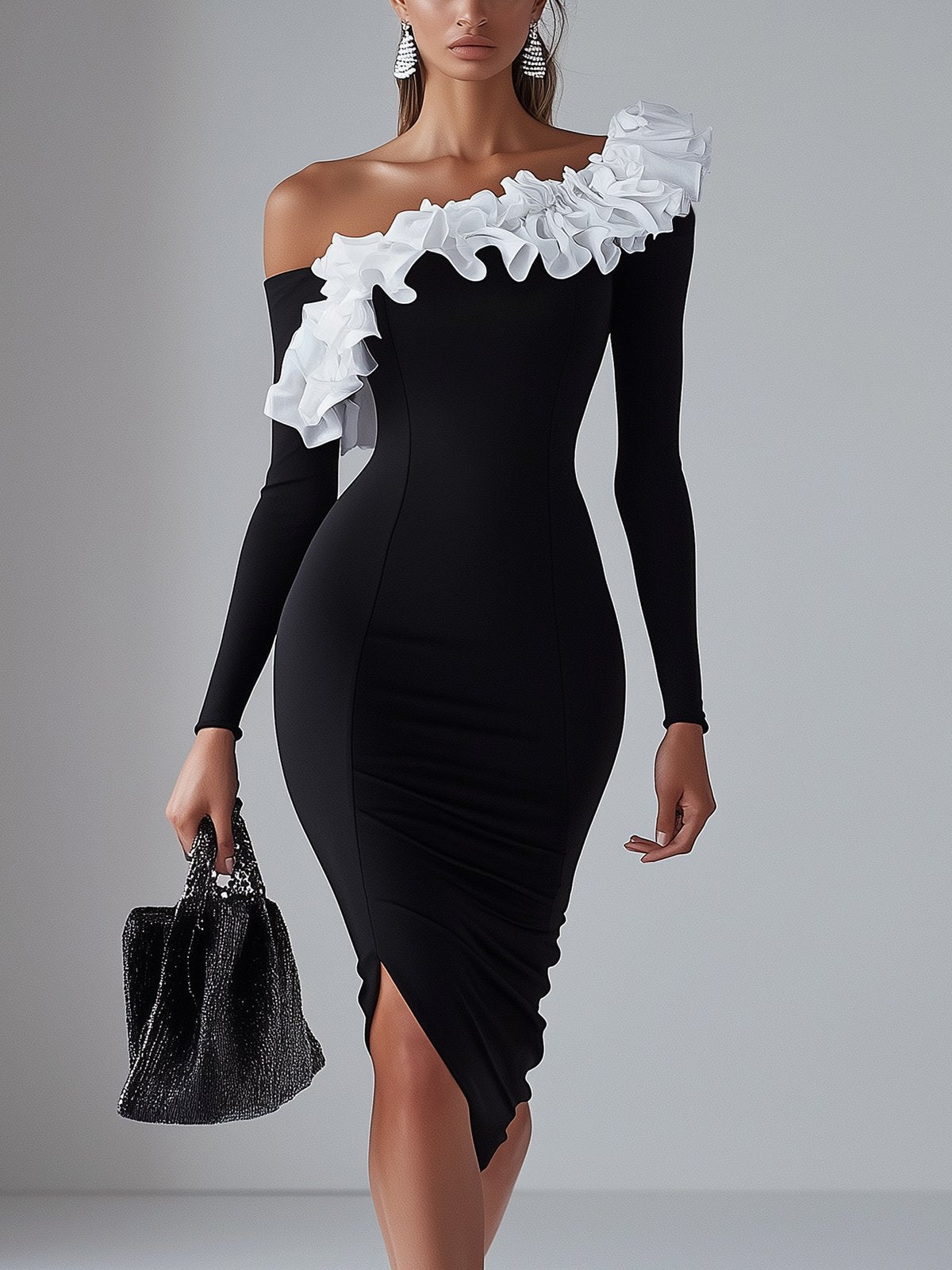 White Ruffle Neck Long Sleeve Black Bodycon Dress