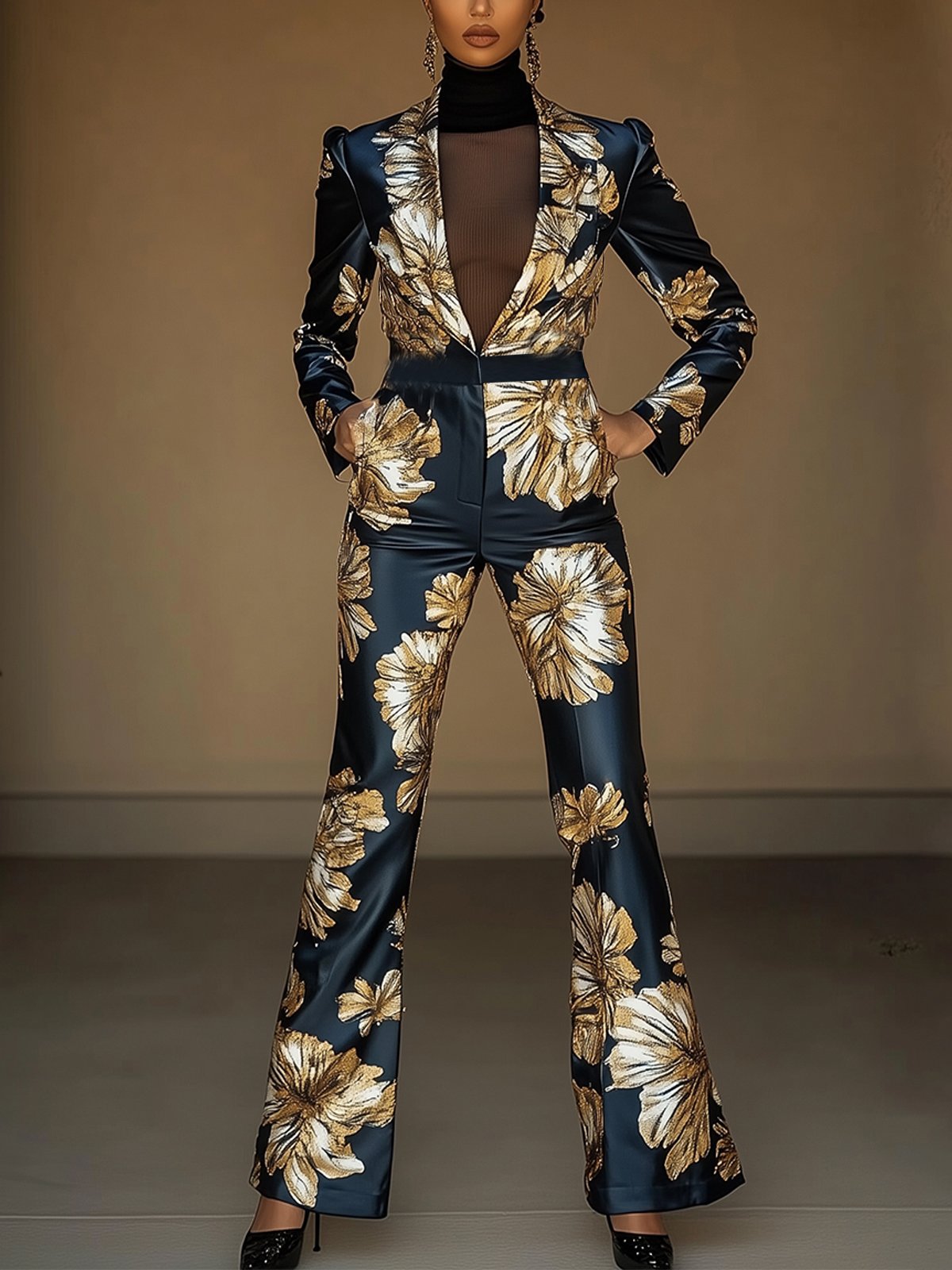 Elegant Satin Jumpsuit With Gold Floral Print