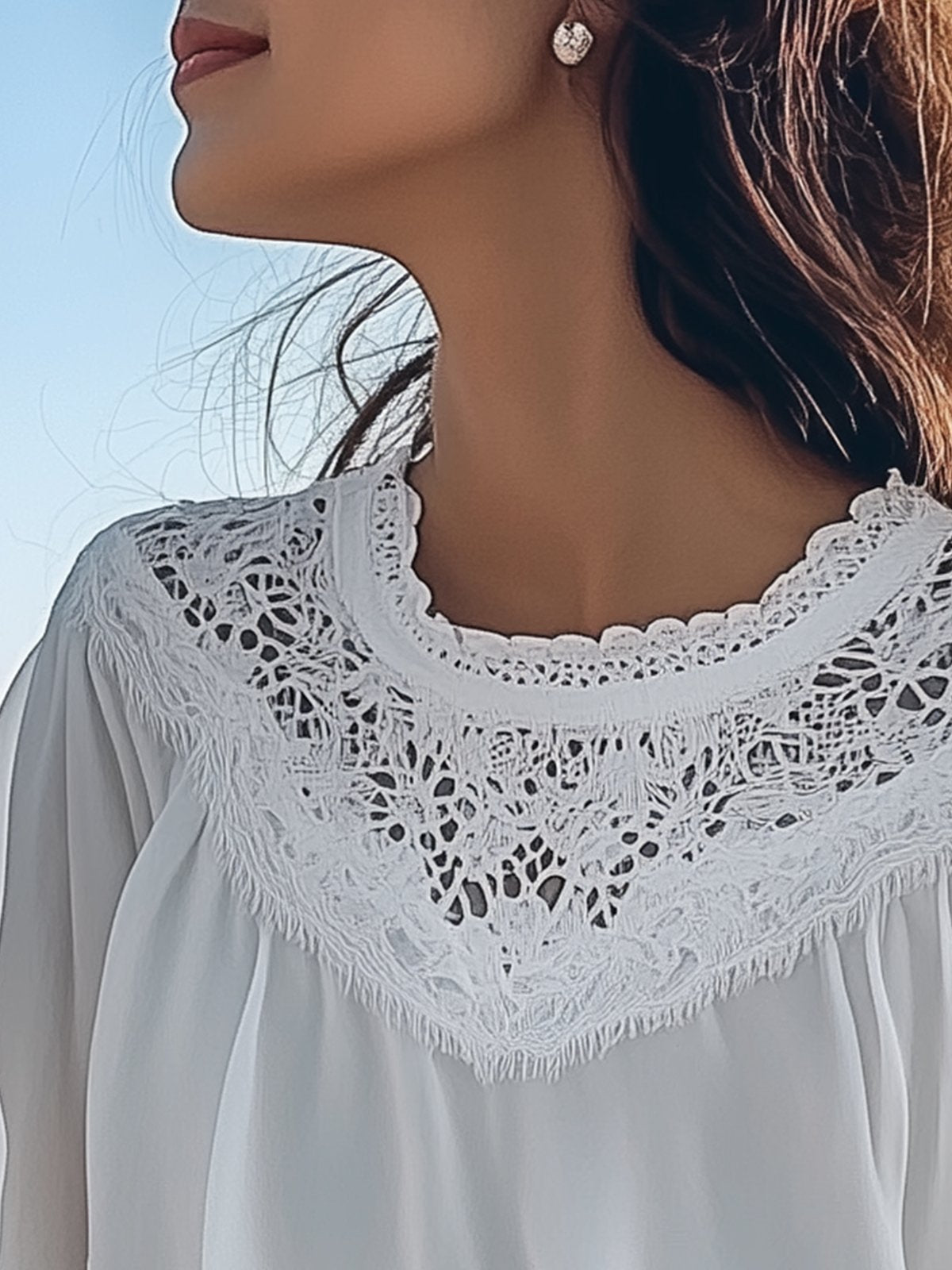 White Chiffon Short-Sleeve Top With Lace Neckline