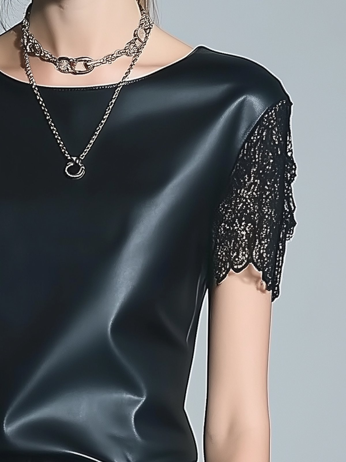 Unique Black Faux Leather T-shirt With Lace Short Sleeves