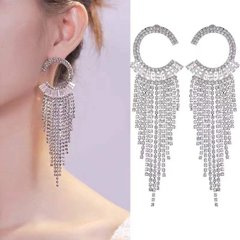 Long Tassel Rhinestone Drop Earrings