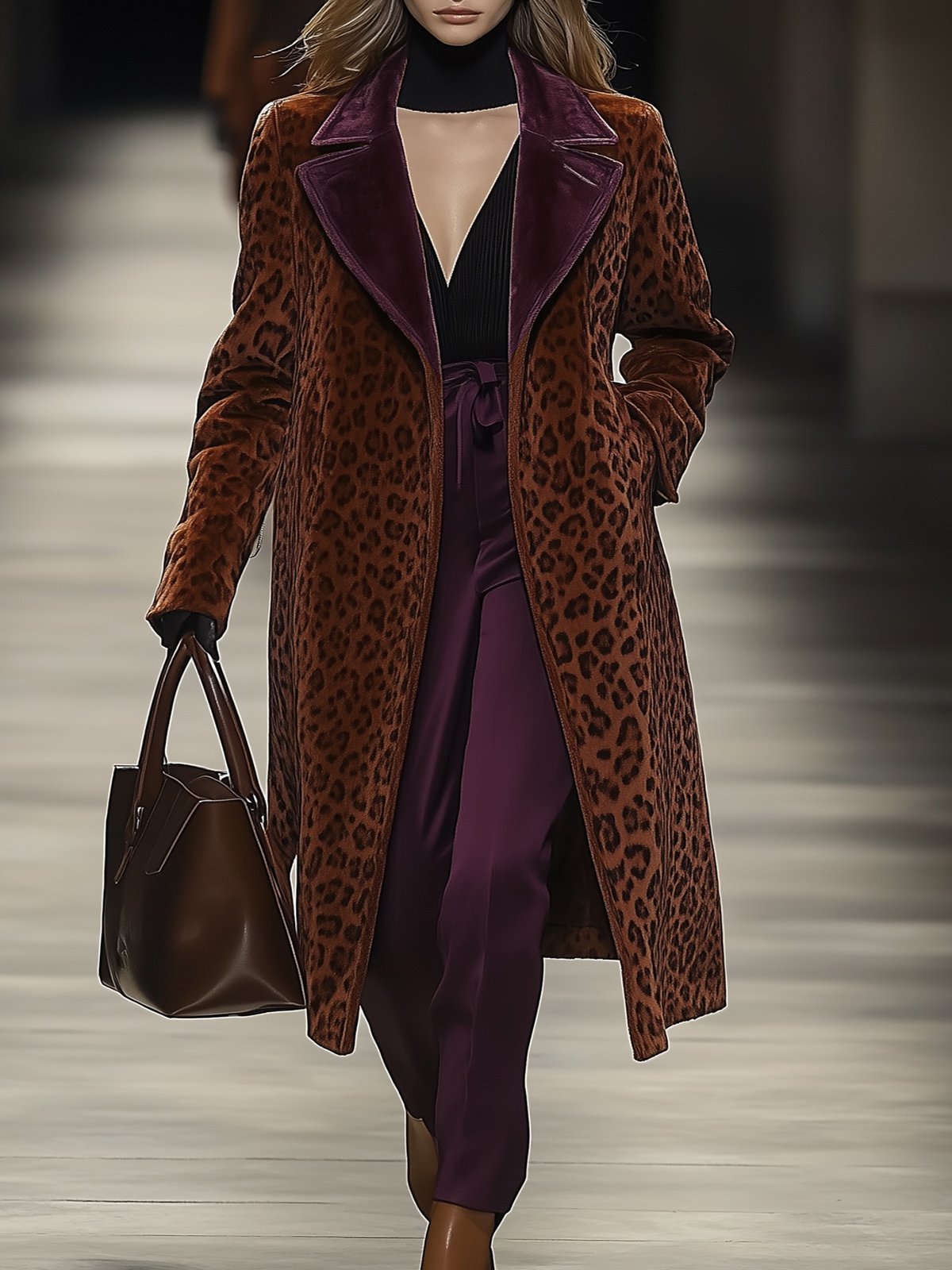 Brown Leopard Print Casual Coat With Purple Lapel