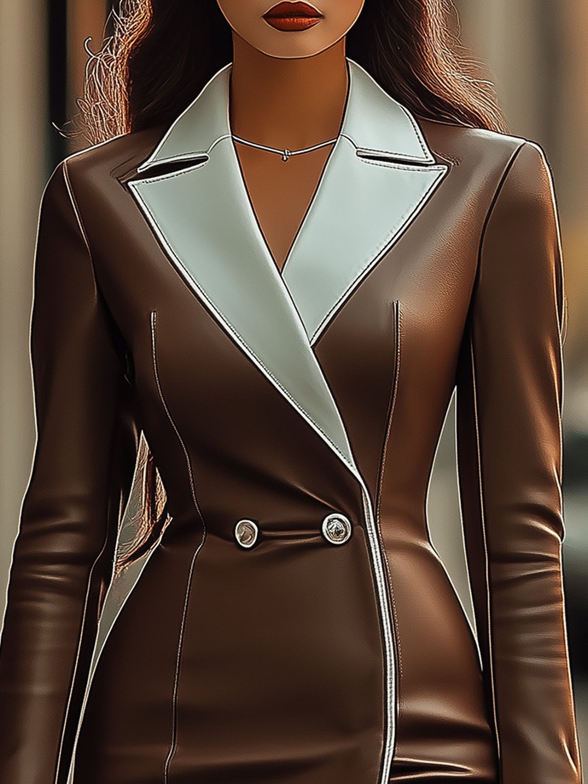 Fashionable Brown And White Lapel Dress.