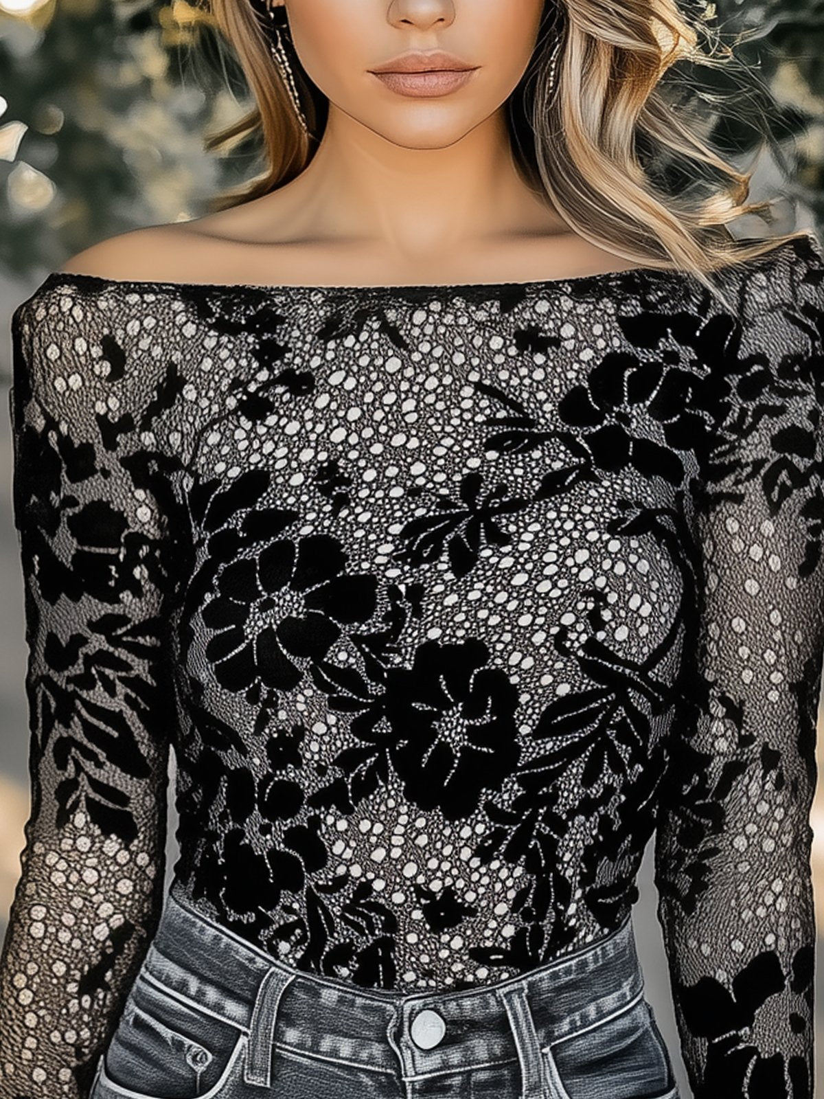 Fashion Off-Shoulder Long-Sleeve Black Floral Print Stretch T-Shirt