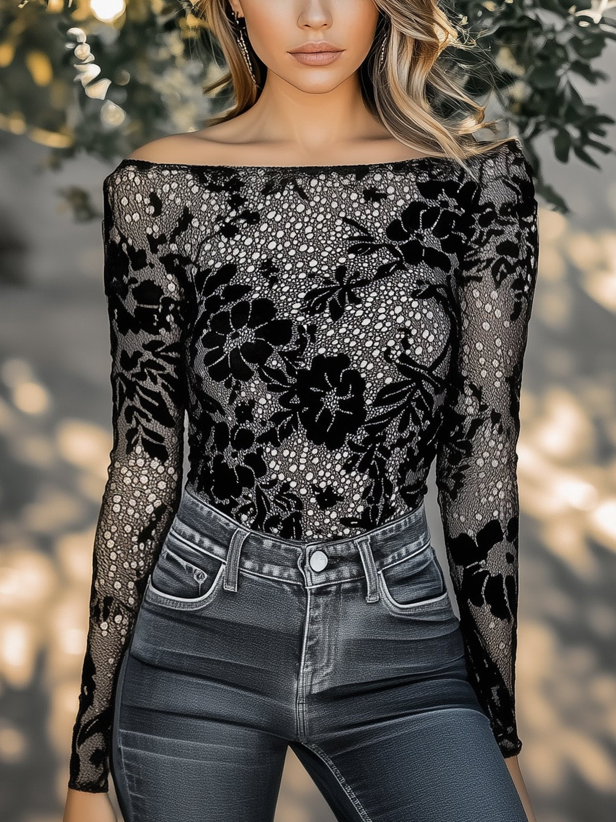 Fashion Off-Shoulder Long-Sleeve Black Floral Print Stretch T-Shirt