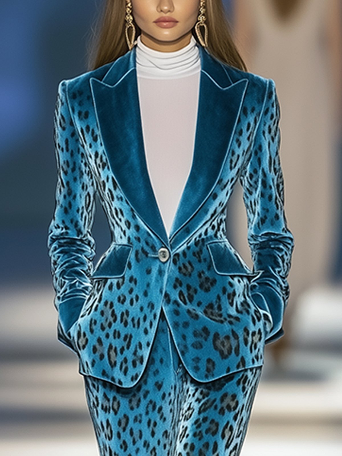 Light Blue Velvet Leopard Print Blazer And Pants Suit