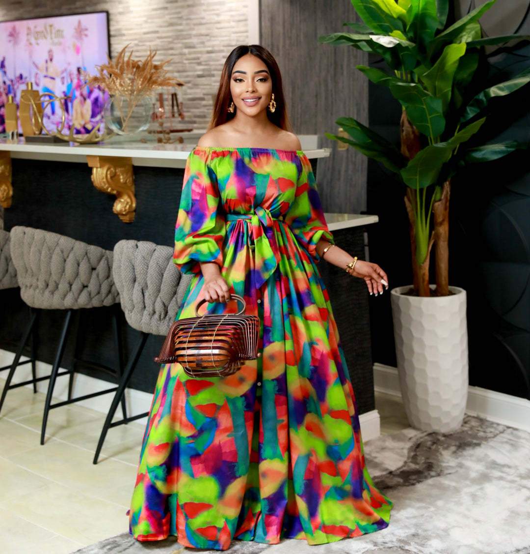 Puff Sleeves Printed Tied Waist Maxi Dresses