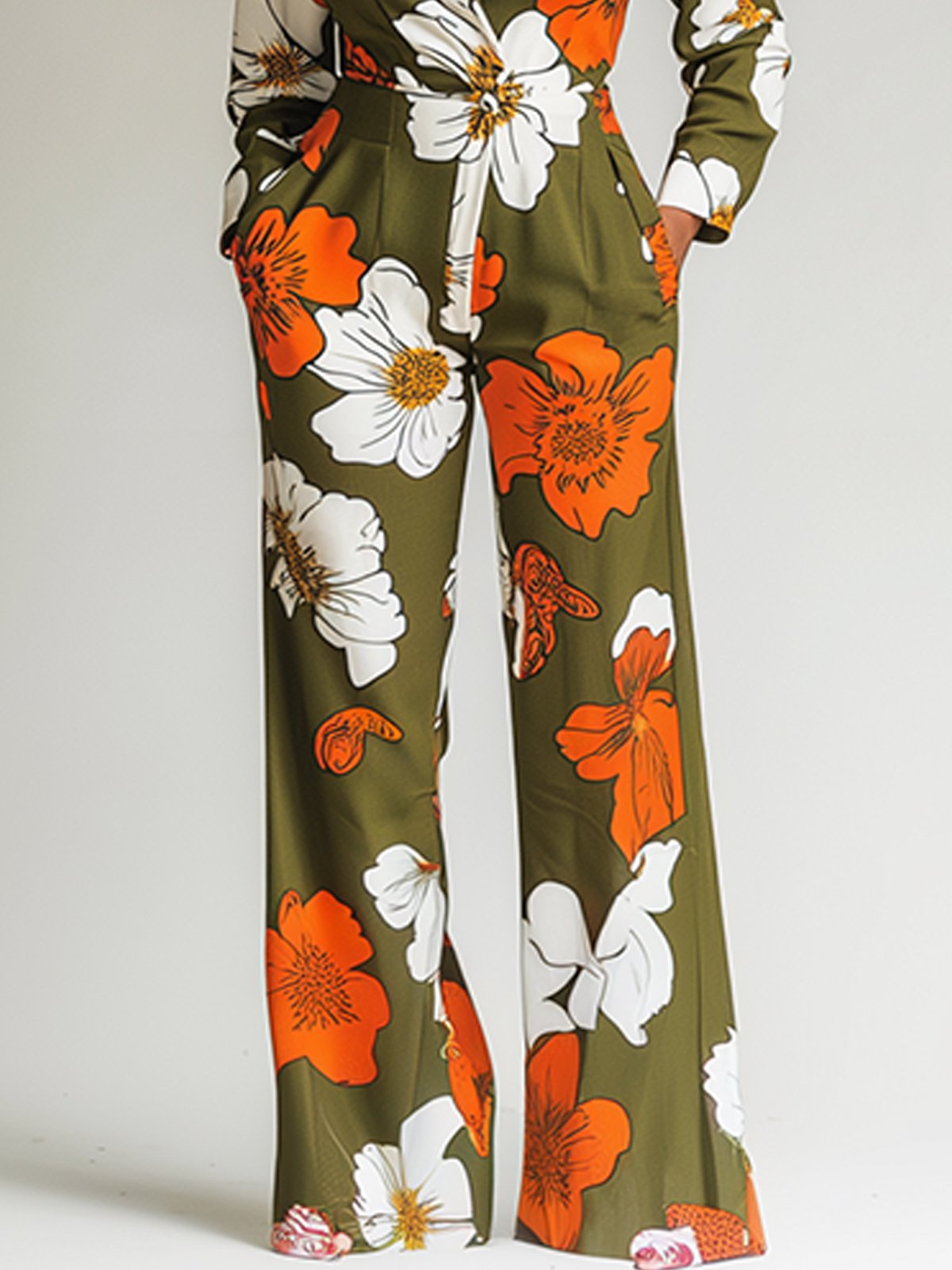 Classic Army Green Jumpsuit With Orange Print