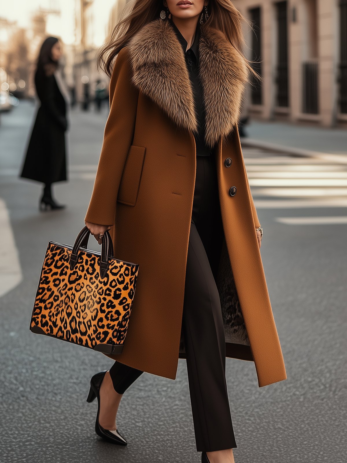 Luxurious Fur Collar Brown Coat