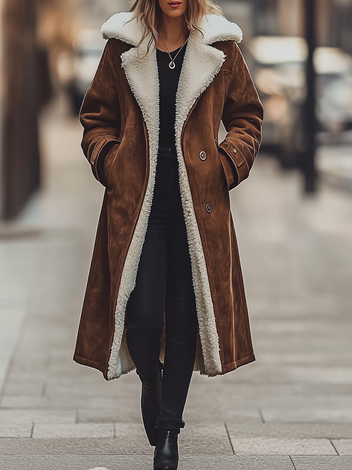 Turn Down Collar Fashionable Warm Coat With Fur Lining