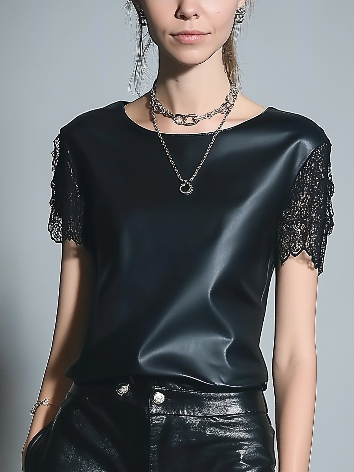 Unique Black Faux Leather T-shirt With Lace Short Sleeves