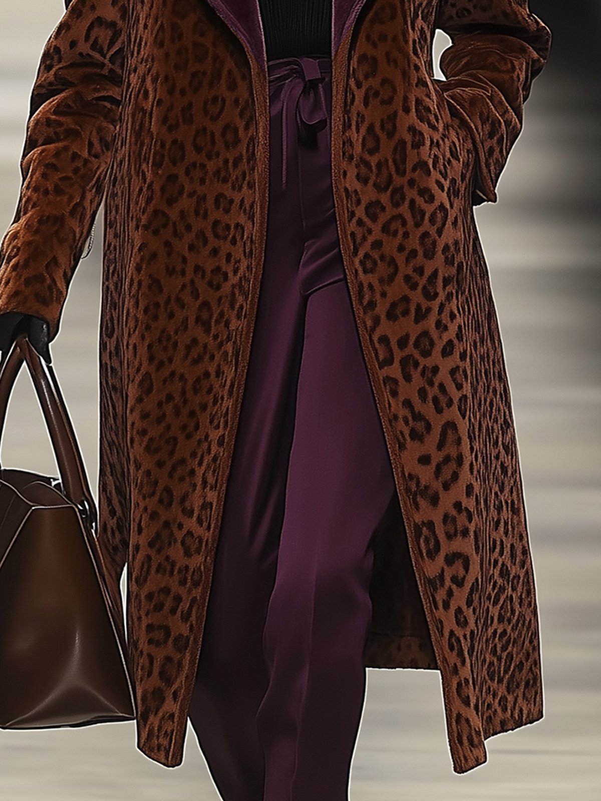 Brown Leopard Print Casual Coat With Purple Lapel