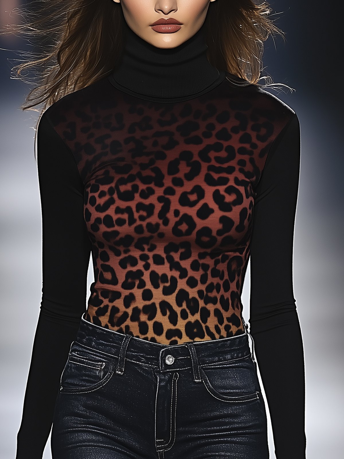 Red Gradient Leopard Print Turtleneck Stretch T-Shirt