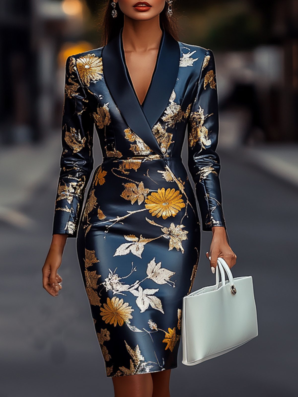 Waist Cinching Floral Print Long Sleeve Dress