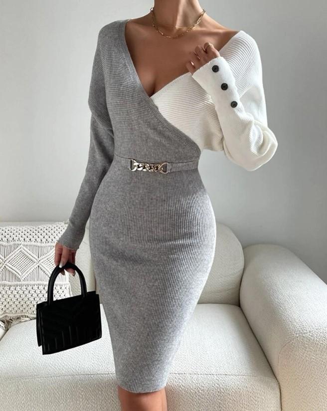 V-Neck Patchwork Hip-Covering Knitted Dress