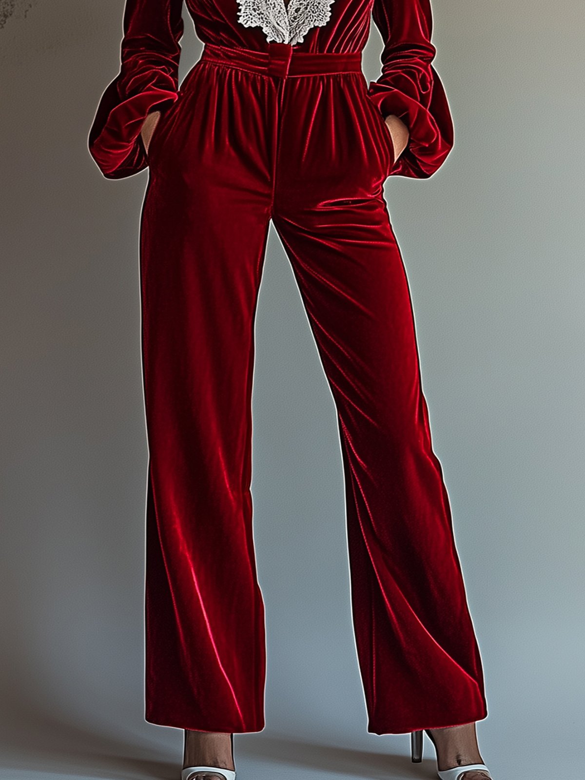 Charming Red Velvet Jumpsuit With Lace Design