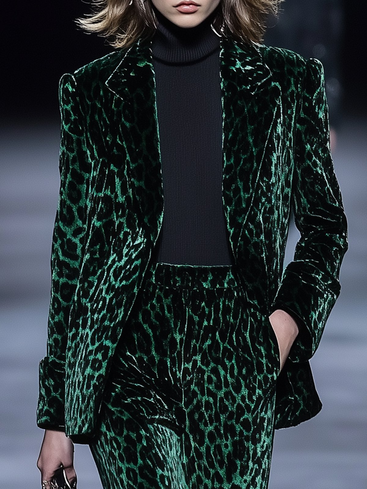 Classic Green Velvet Leopard Print Blazer And Pants