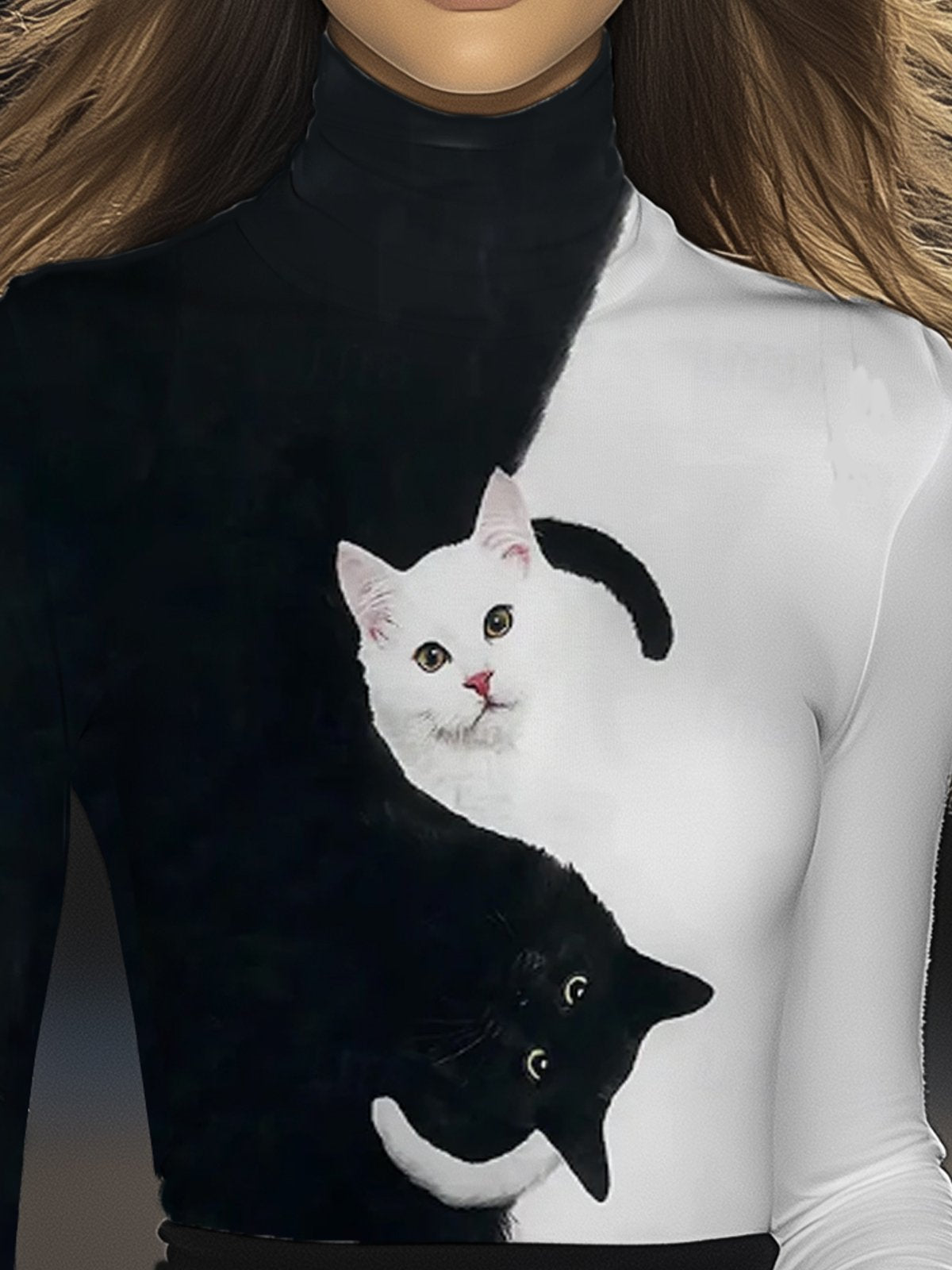 Black And White Color Block Stretch T-Shirt With Cat Print