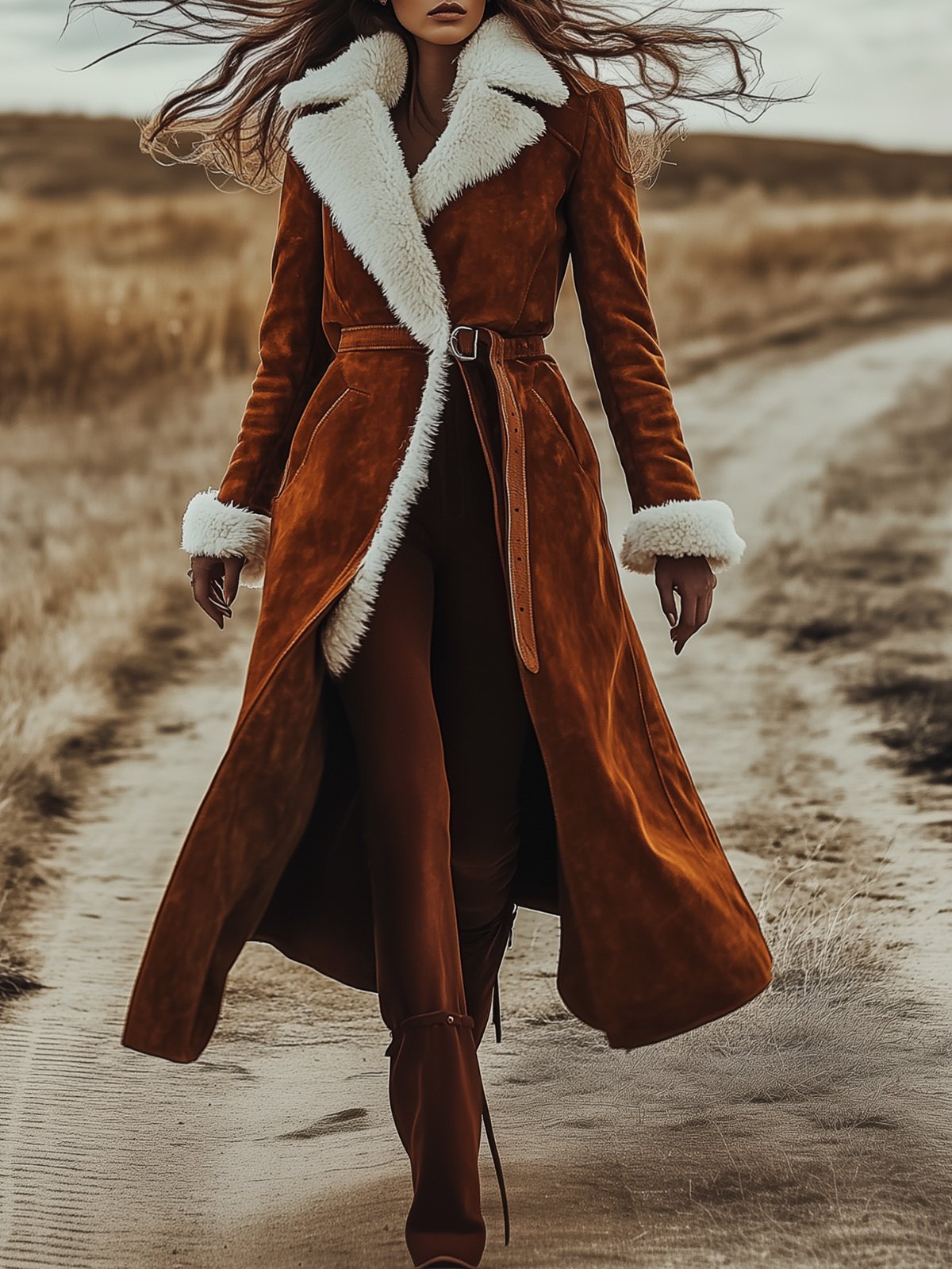 Belted Orange Suede Coat With Shearling Collar And Cuffs