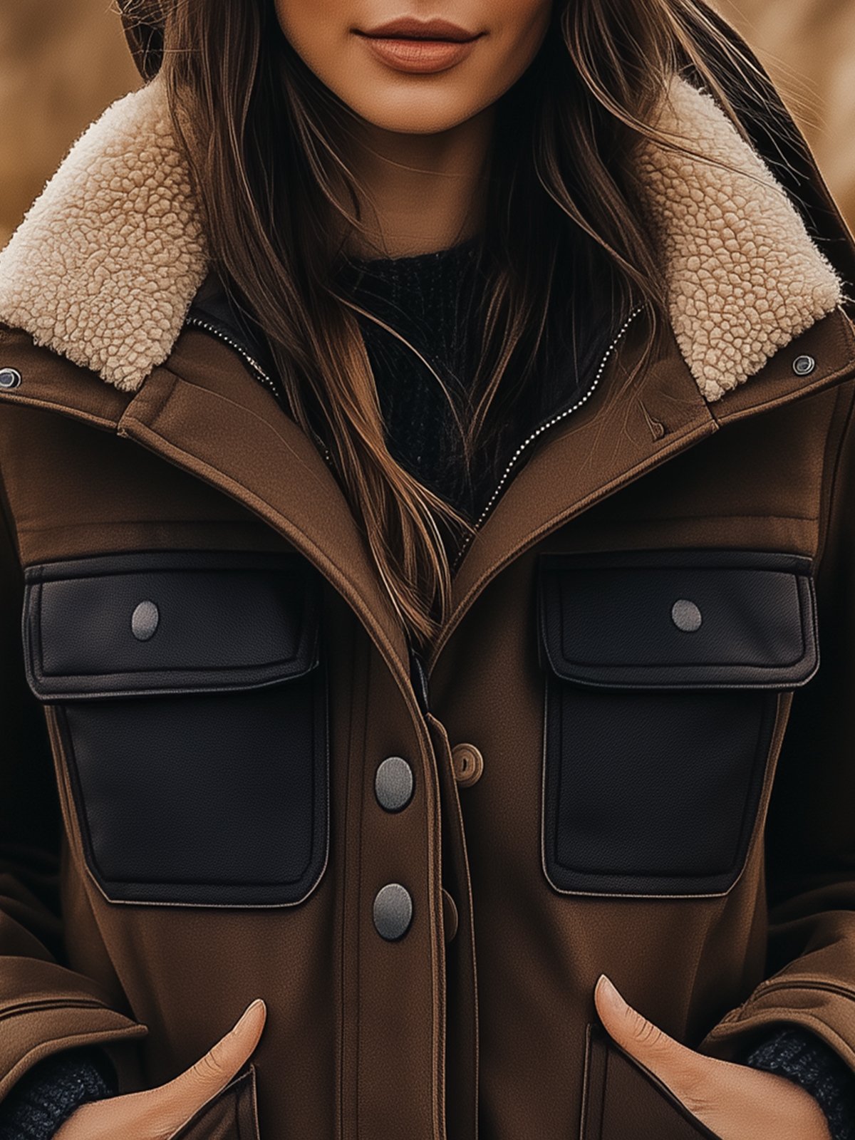 Brown Warm Jacket With Black Pockets