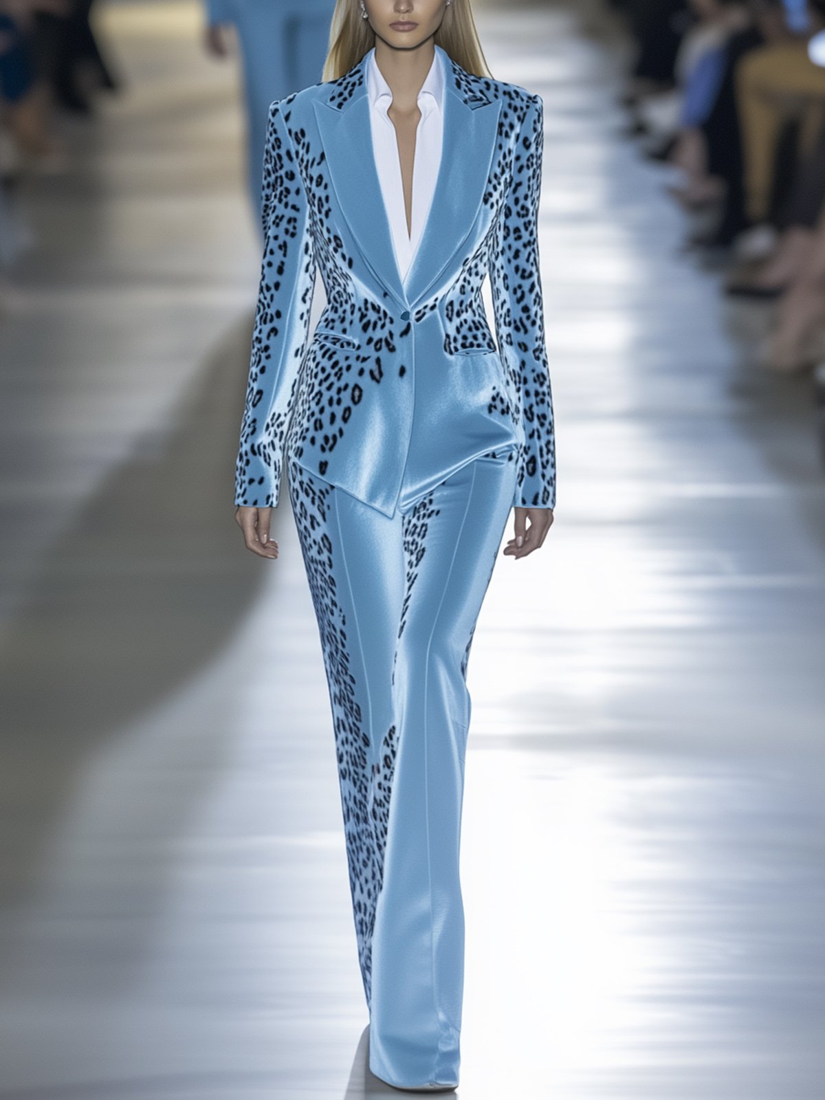 Sky Blue Velvet Leopard Print Blazer And Pants Suit